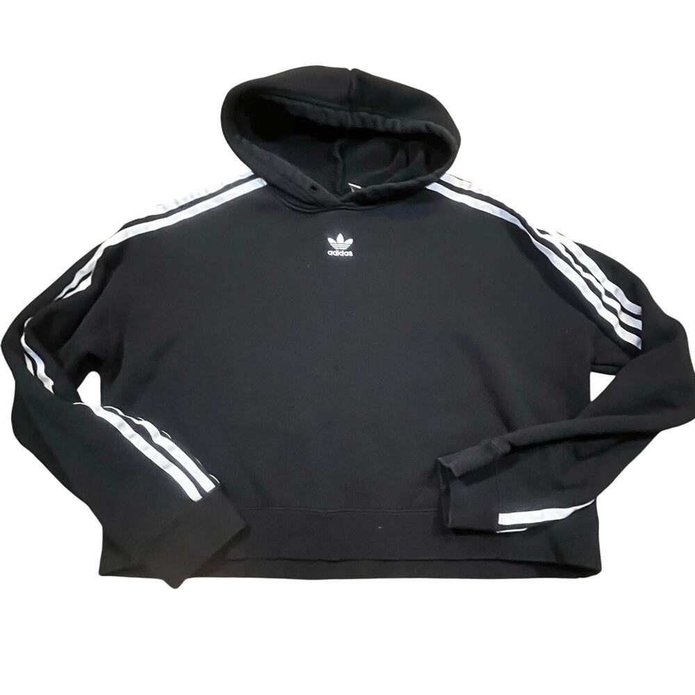 Adidas Originals Hoodie Black 3 Stripe Trefoil Pullover Sweatshirt Women M Crop